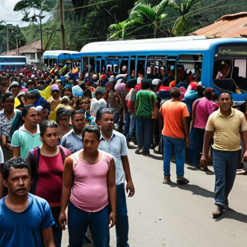 Home 11 **
A crowded Colombian street scene. Venezuelan migrants are depicted seeking work, some looking hopeful, others showing signs of hardship. Colombian locals are also visible, some interacting with the migrants, reflecting a mix of solidarity and concern. The background should subtly show the strain on local infrastructure, like overcrowded buses or overflowing markets. Overall tone: A realistic depiction of the challenges and opportunities presented by Venezuelan migration to Colombia.
**