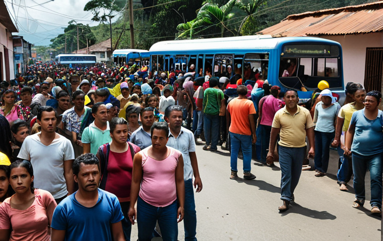 **
A crowded Colombian street scene. Venezuelan migrants are depicted seeking work, some looking hopeful, others showing signs of hardship. Colombian locals are also visible, some interacting with the migrants, reflecting a mix of solidarity and concern. The background should subtly show the strain on local infrastructure, like overcrowded buses or overflowing markets. Overall tone: A realistic depiction of the challenges and opportunities presented by Venezuelan migration to Colombia.
**