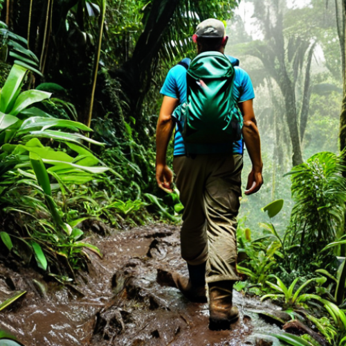 Home 6 A person trekking through the lush, dense Colombian jungle on a muddy, winding trail. The trekker is wearing practical, durable hiking attire, a backpack, and sturdy boots, fully clothed, modest clothing, appropriate attire, professional dress. Sunlight filters through the canopy, illuminating the vibrant green foliage. The scene conveys a sense of adventure and connection with nature. Perfect anatomy, correct proportions, natural pose, well-formed hands, proper finger count, natural body proportions. Safe for work, appropriate content, family-friendly, professional photography, high quality, highly detailed.