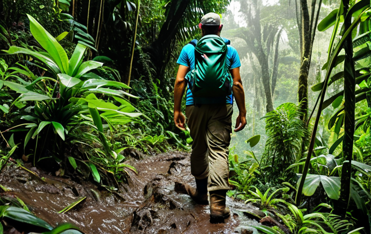 A person trekking through the lush, dense Colombian jungle on a muddy, winding trail. The trekker is wearing practical, durable hiking attire, a backpack, and sturdy boots, fully clothed, modest clothing, appropriate attire, professional dress. Sunlight filters through the canopy, illuminating the vibrant green foliage. The scene conveys a sense of adventure and connection with nature. Perfect anatomy, correct proportions, natural pose, well-formed hands, proper finger count, natural body proportions. Safe for work, appropriate content, family-friendly, professional photography, high quality, highly detailed.