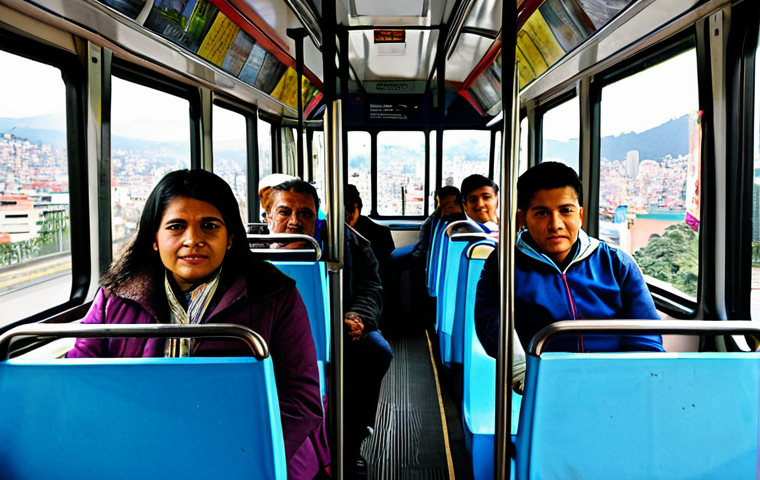 콜롬비아 대중교통 이용법 - Bogotá Bus System**
"A vibrant scene inside a TransMilenio bus in Bogotá, Colombia. Passengers are ...