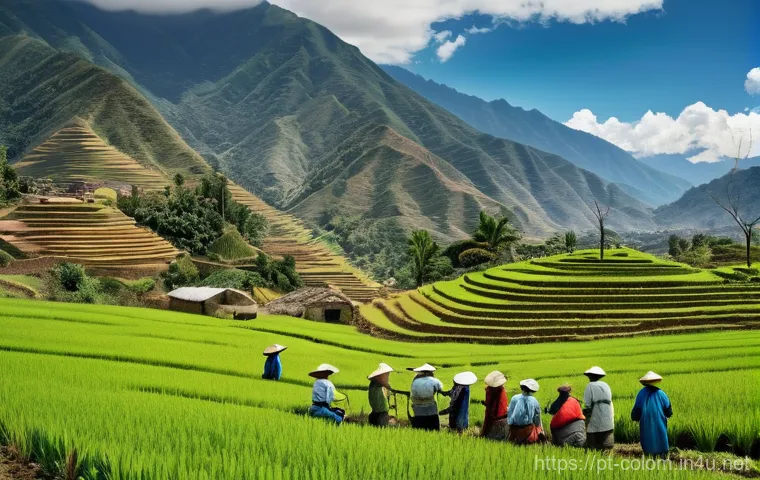 콜롬비아 내전과 FARC - **Prompt:** "A vibrant, panoramic view of a Colombian rural landscape. In the foreground, a group of...