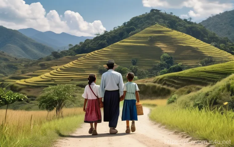 콜롬비아 내전과 FARC - **Prompt:** "A vibrant, panoramic view of a Colombian rural landscape. In the foreground, a group of...