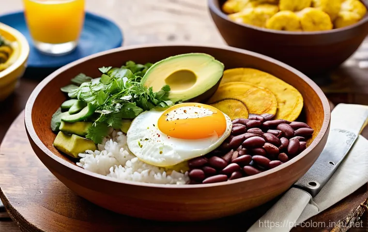 콜롬비아 전통음식 소개 - **A Vibrant Colombian "Bandeja Paisa" Feast on a Rustic Table:**
A beautifully arranged, generou...