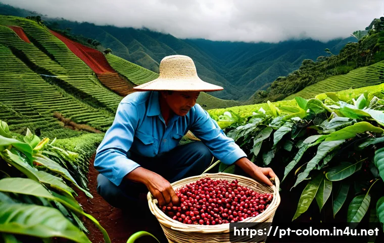 콜롬비아 커피 산업 역사 - Nariño: High-Altitude Harvest**
A breathtaking wide-angle shot of a high-altitude coffee farm in Na...