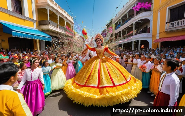 바랑키야 카니발 행사 일정 - **Prompt:** A grand, vibrant scene from the "Battle of Flowers" parade at Barranquilla Carnival. The...