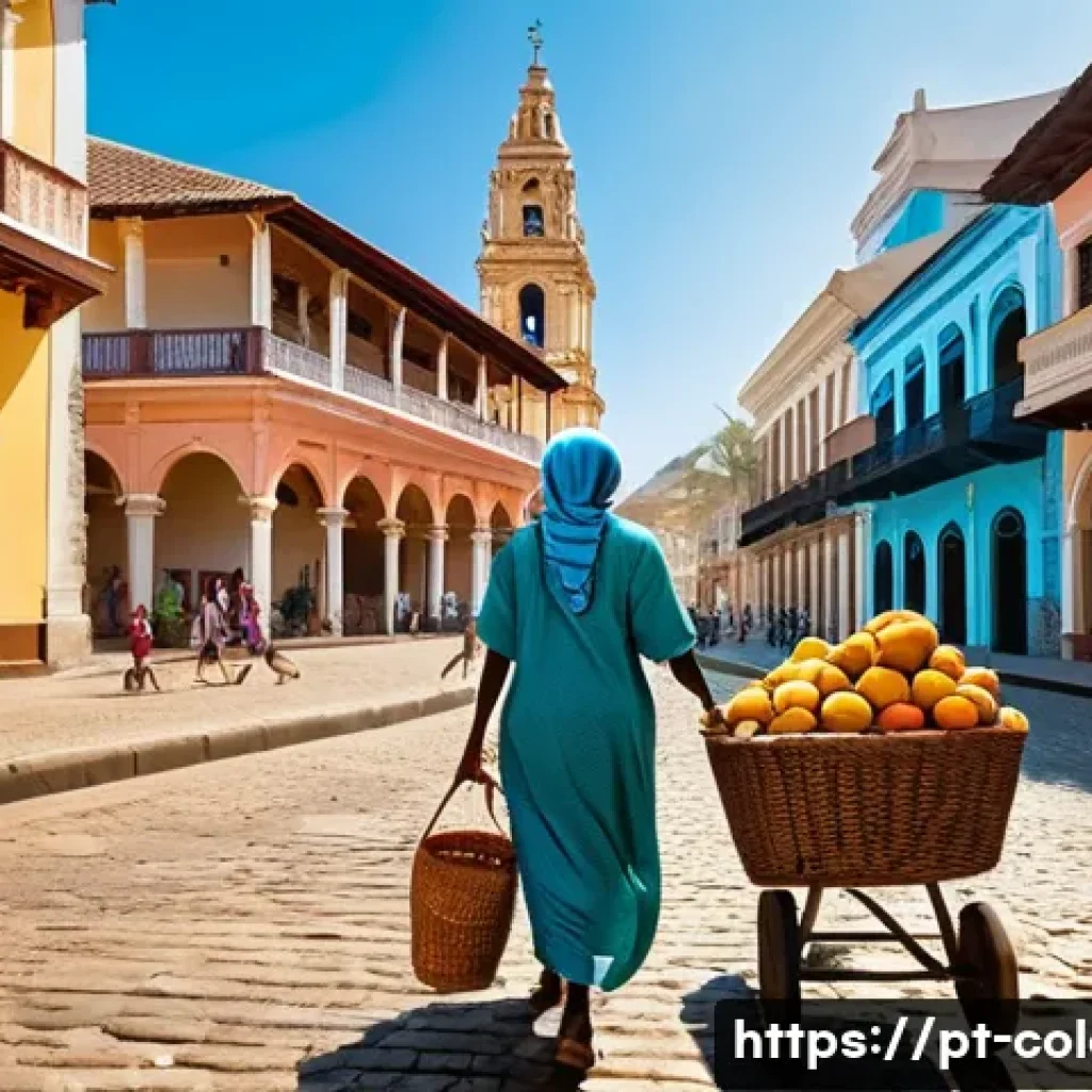 콜롬비아 스페인 식민지 시대 - **A bustling colonial Colombian street scene at midday.** The setting is a vibrant, cobblestone stre...