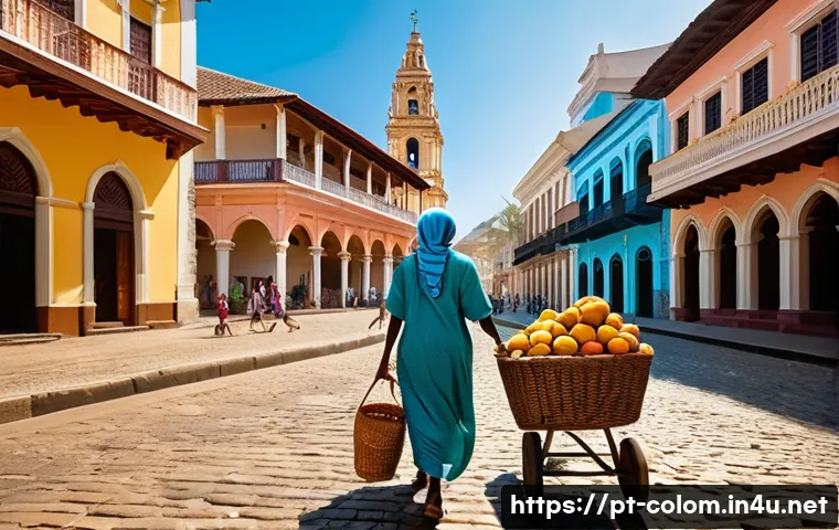 콜롬비아 스페인 식민지 시대 - **A bustling colonial Colombian street scene at midday.** The setting is a vibrant, cobblestone stre...
