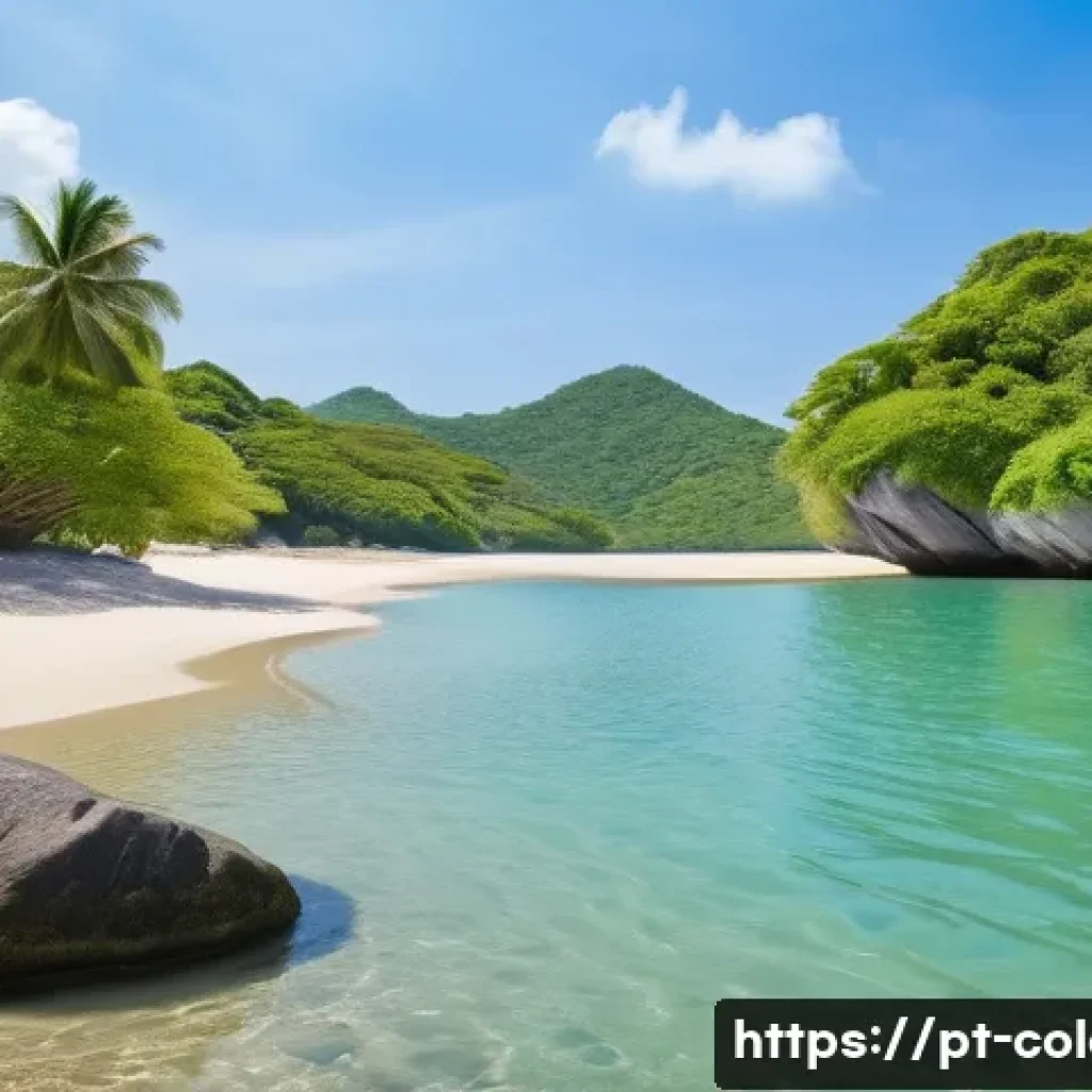 산타 마르타 해변 여행 - A serene and secluded tropical beach scene in Santa Marta, Colombia, featuring fine white sand and c...