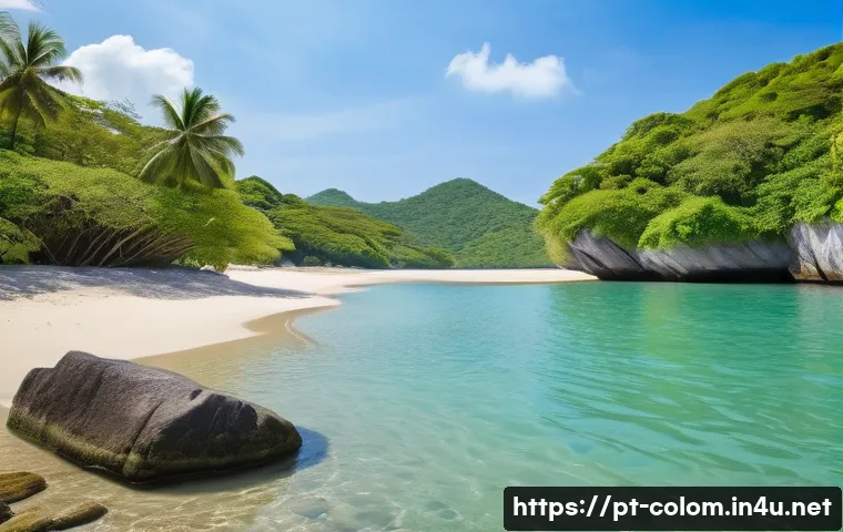 산타 마르타 해변 여행 - A serene and secluded tropical beach scene in Santa Marta, Colombia, featuring fine white sand and c...