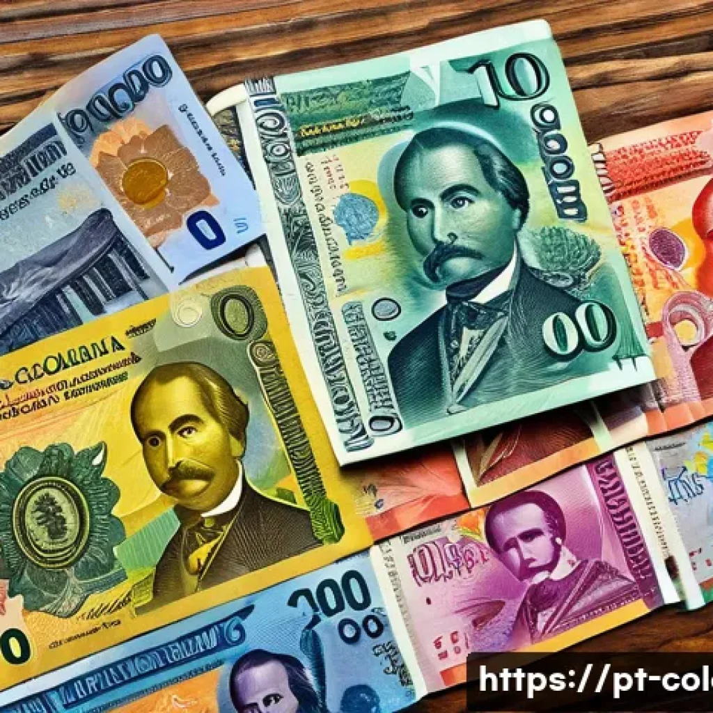 콜롬비아 화폐 단위 및 환율 - A vibrant close-up of colorful Colombian peso banknotes spread out on a wooden table, each bill feat...