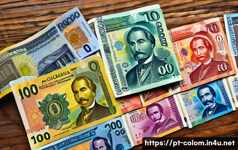 콜롬비아 화폐 단위 및 환율 - A vibrant close-up of colorful Colombian peso banknotes spread out on a wooden table, each bill feat...