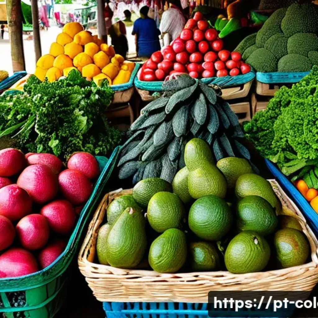콜롬비아에서의 채식주의자 생활 - A vibrant Colombian market scene showcasing an array of fresh tropical fruits and vegetables, includ...