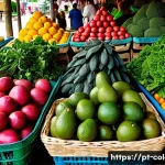 Home 22 콜롬비아에서의 채식주의자 생활 - A vibrant Colombian market scene showcasing an array of fresh tropical fruits and vegetables, includ...