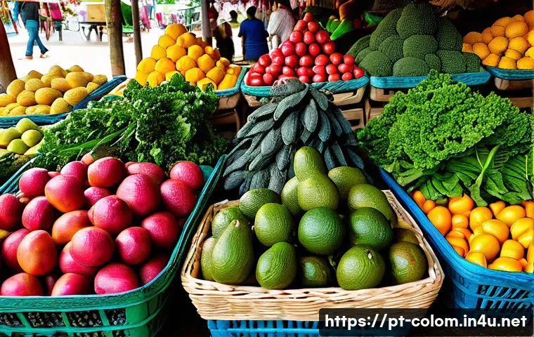 콜롬비아에서의 채식주의자 생활 - A vibrant Colombian market scene showcasing an array of fresh tropical fruits and vegetables, includ...