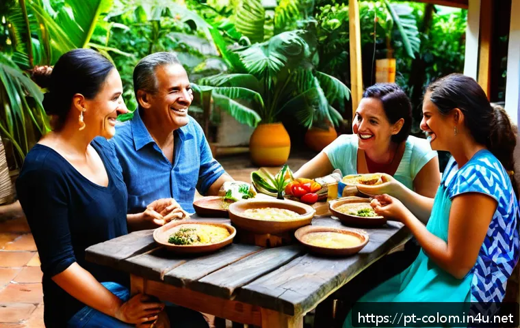 콜롬비아 국민성과 특성 - A warm and inviting Colombian family lunch scene in Medell&iacute;n, featuring a diverse group of people sm...