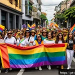Home 20 콜롬비아에서의 LGBTQ 문화와 인권 - A vibrant and diverse LGBTQ+ pride parade in a bustling Colombian city street, featuring people of v...
