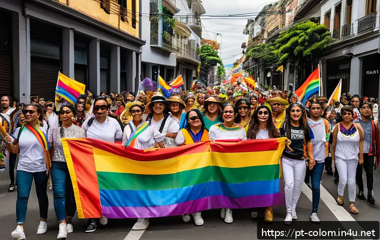 콜롬비아에서의 LGBTQ  문화와 인권 - A vibrant and diverse LGBTQ+ pride parade in a bustling Colombian city street, featuring people of v...
