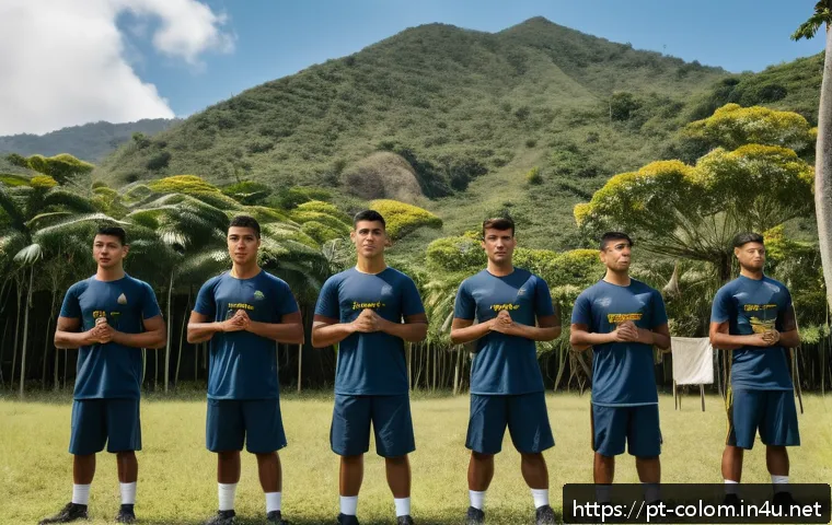 콜롬비아에서의 군대 및 병역 제도 - A group of young Colombian male recruits in military training camp uniforms, wearing standard-issue ...