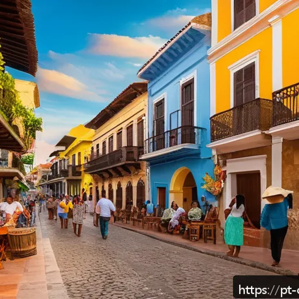 콜롬비아에서 배낭여행 루트 추천 - A vibrant street scene in Cartagena’s historic center at sunset, showcasing colorful colonial houses...