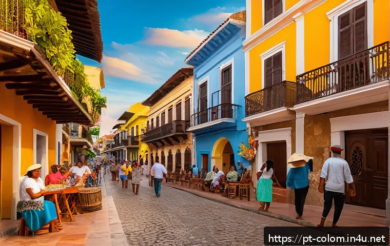 콜롬비아에서 배낭여행 루트 추천 - A vibrant street scene in Cartagena&rsquo;s historic center at sunset, showcasing colorful colonial houses...