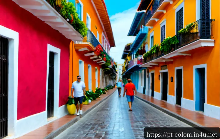 Home 17 카르타헤나 올드타운 여행 - Photorealistic travel scene in Cartagena Old Town, Colombia, a sunlit colonial street with vivid pas...