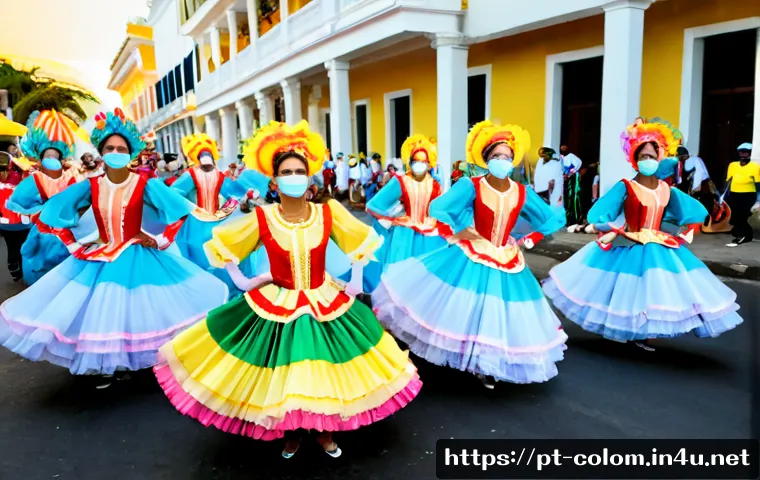 Home 17 콜롬비아에서의 유명한 전통 축제 - Photorealistic Barranquilla Carnival parade in Colombia, joyful adult dancers wearing vibrant folklo...